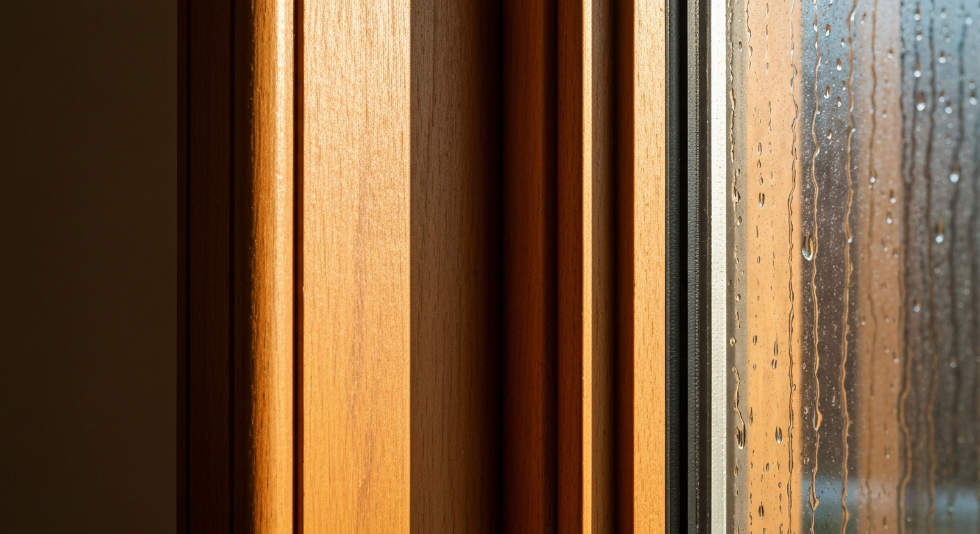 Morning condensation beading on interior window glass in a Georgia craftsman home with warm wooden window frame and soft natural light