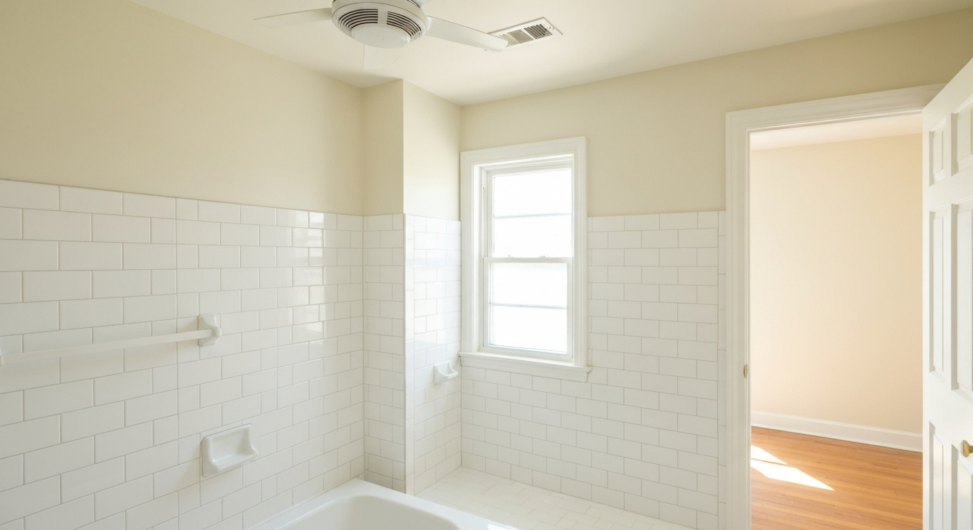 Clean white bathroom interior in a renovated Augusta rental with bright natural window light, white subway tile, and functional ceiling exhaust vent visible