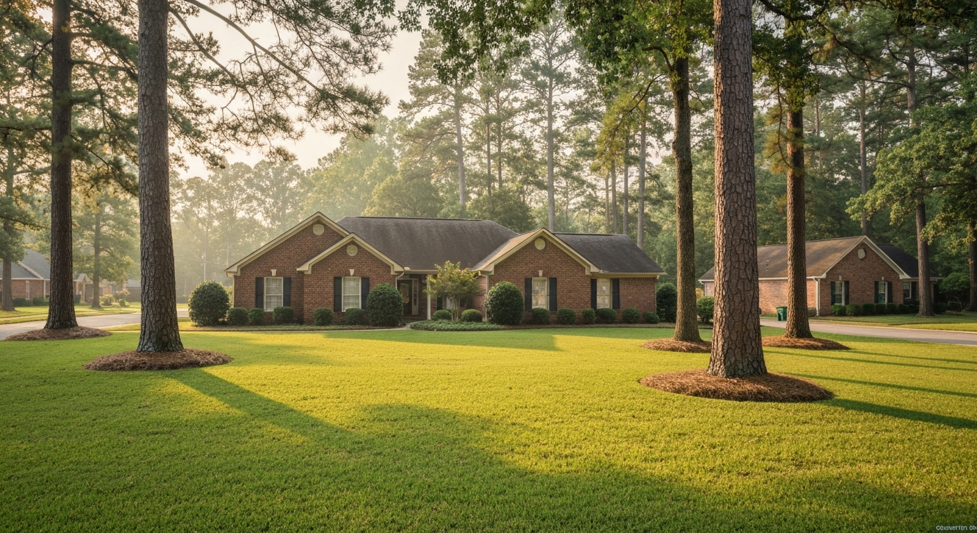 Brick ranch home on a tree-lined Evans Georgia street in summer, lush green yard under late-afternoon golden light and soft humidity haze