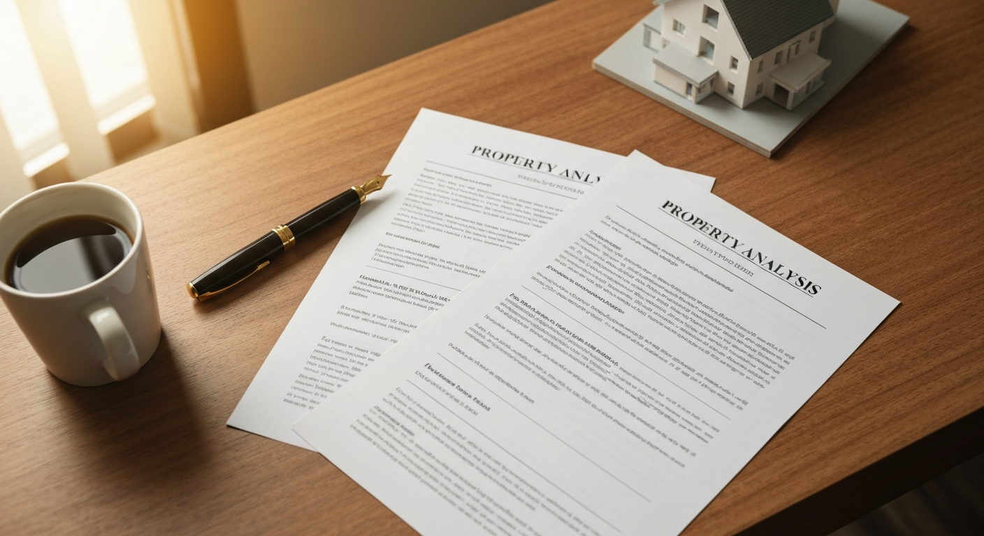 Two side-by-side property analysis documents with a model home and coffee mug on a desk