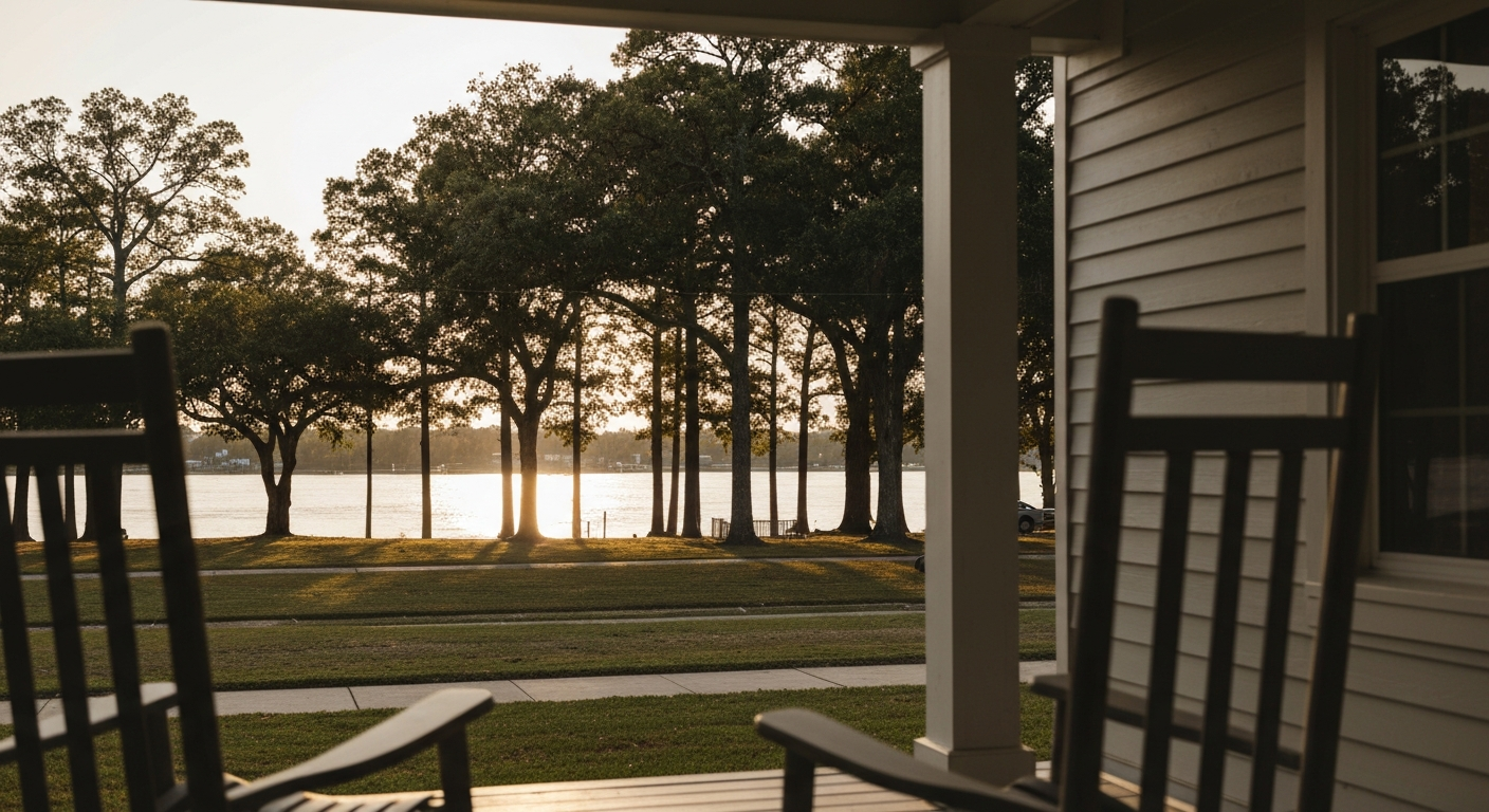Porch with rocking chairs overlooking the Savannah River in North Augusta at golden hour