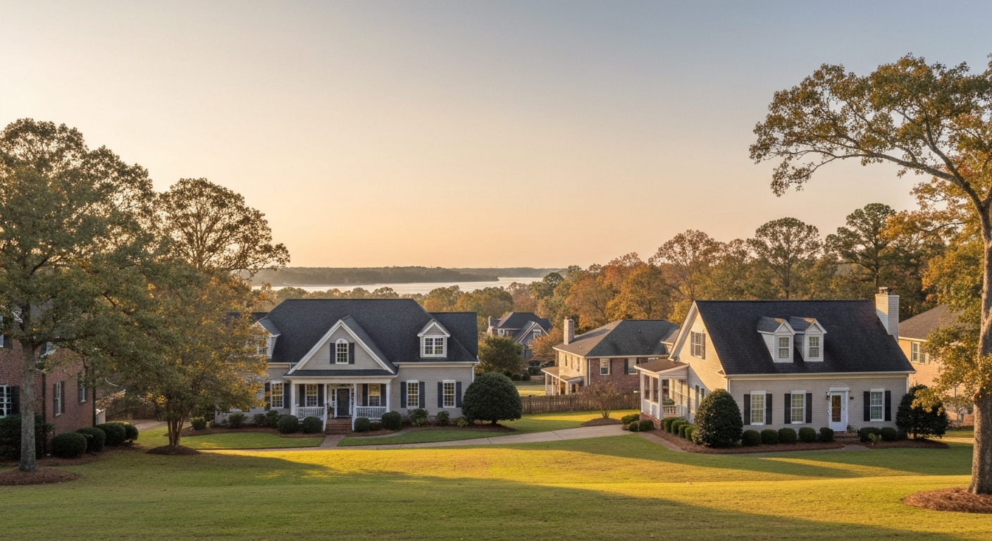 North Augusta South Carolina residential view with mature hardwoods and the Savannah River corridor in the distance