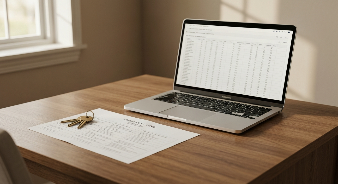 Laptop on a wooden desk showing a property spreadsheet alongside printed listing and house keys in warm window light