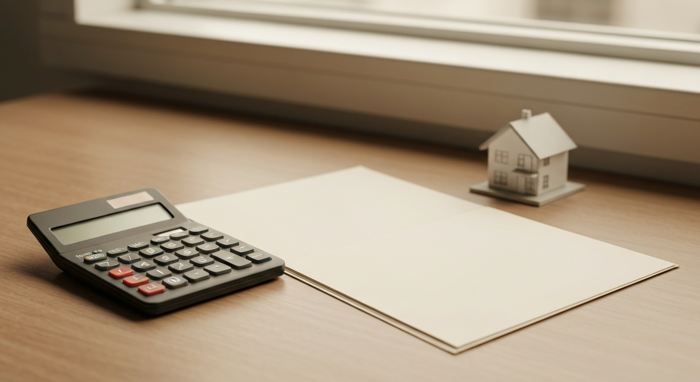 Calculator, purchase agreement paperwork, and a small architectural model home on a wooden desk in warm natural light