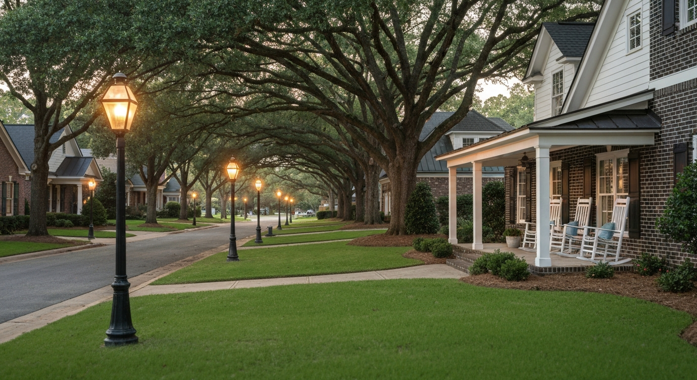 Well-maintained brick ranch home on a shaded Evans Georgia street bathed in warm late-afternoon golden light with a for-rent sign