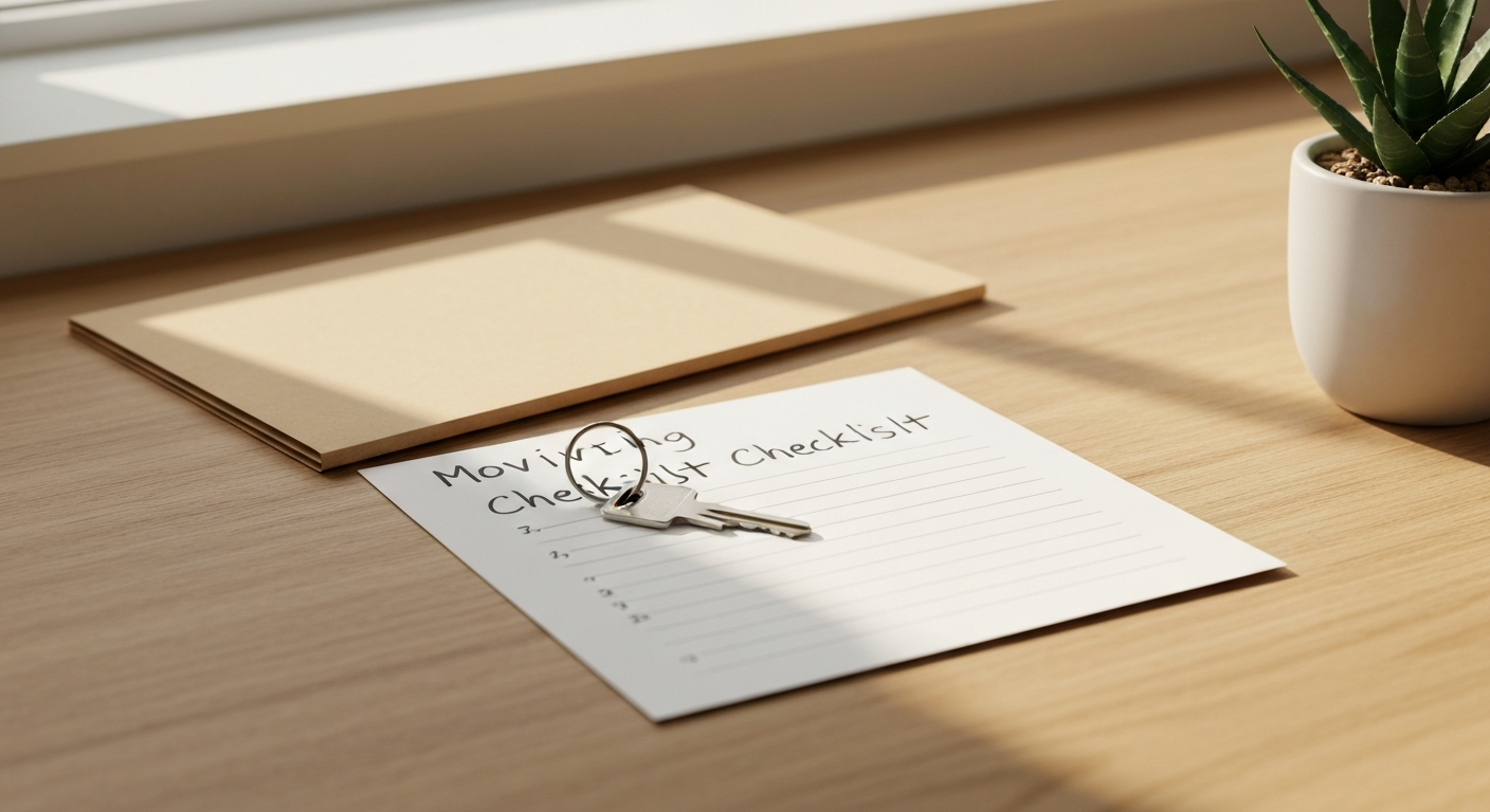 Wooden desk with a house key, manila folder, and a move-out checklist in warm natural light