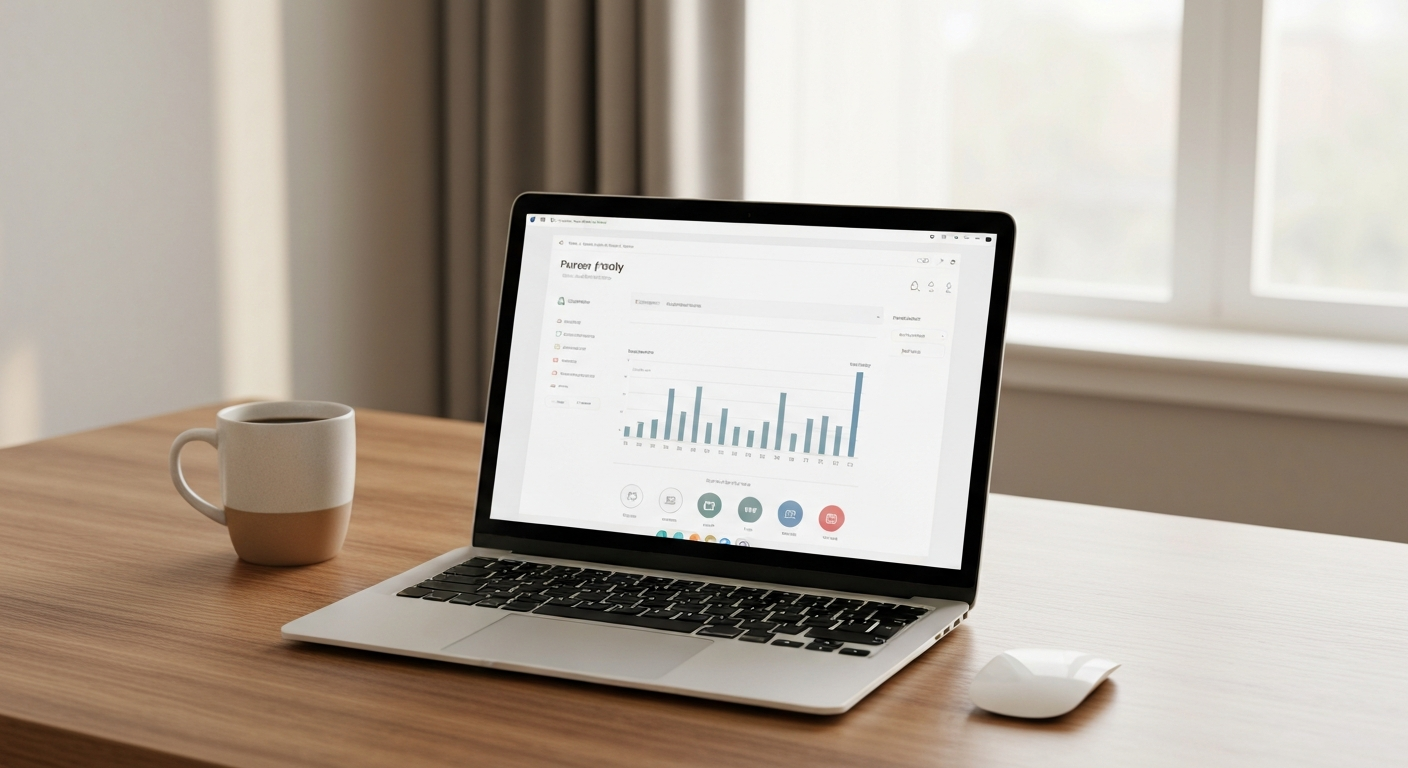 Laptop showing a property management dashboard on a warm wooden desk beside a ceramic coffee mug