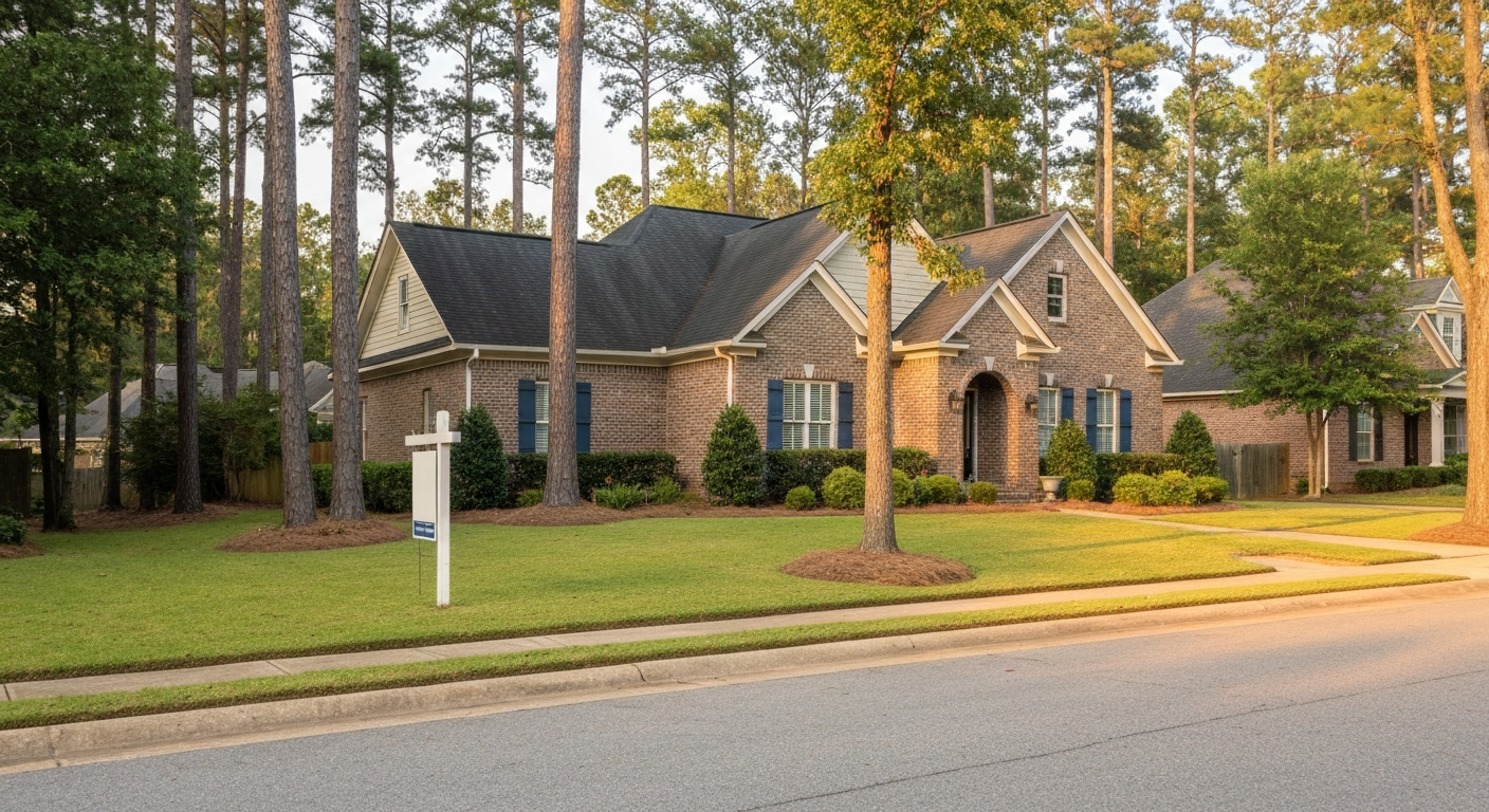 Craftsman-style brick home on a tree-lined Evans Georgia street with a yard sign in warm late-afternoon light