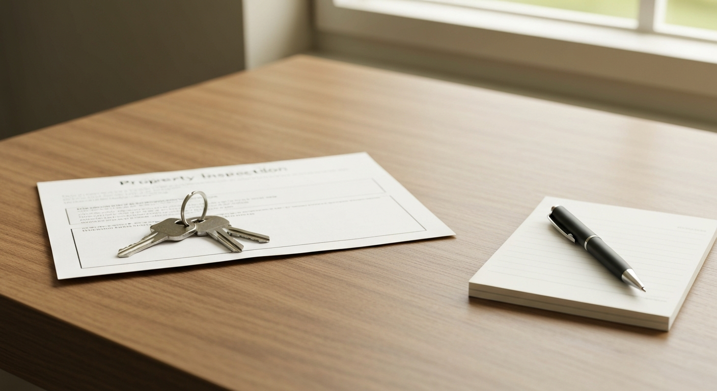 Property inspection report and house keys on a clean wooden desk in warm natural light