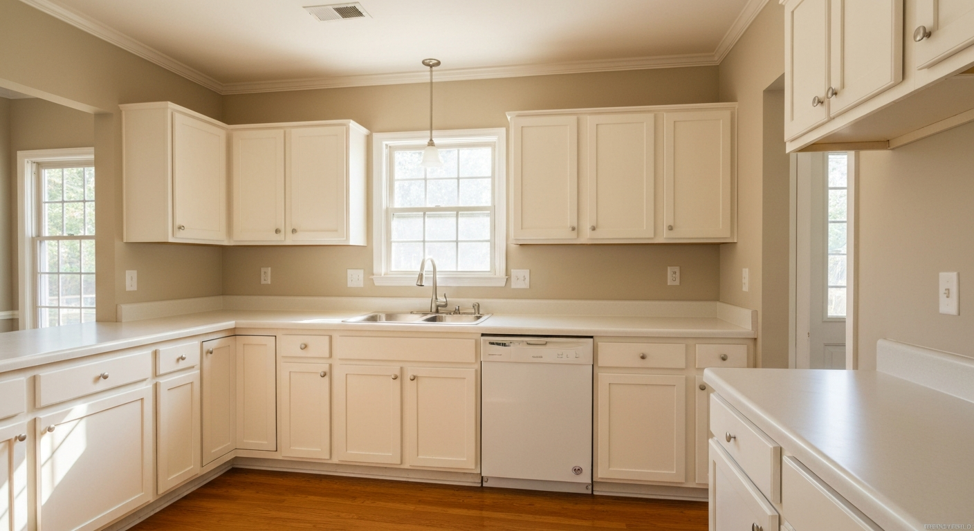 Bright clean kitchen interior in a Georgia rental home with white cabinets and hardwood floors in morning light