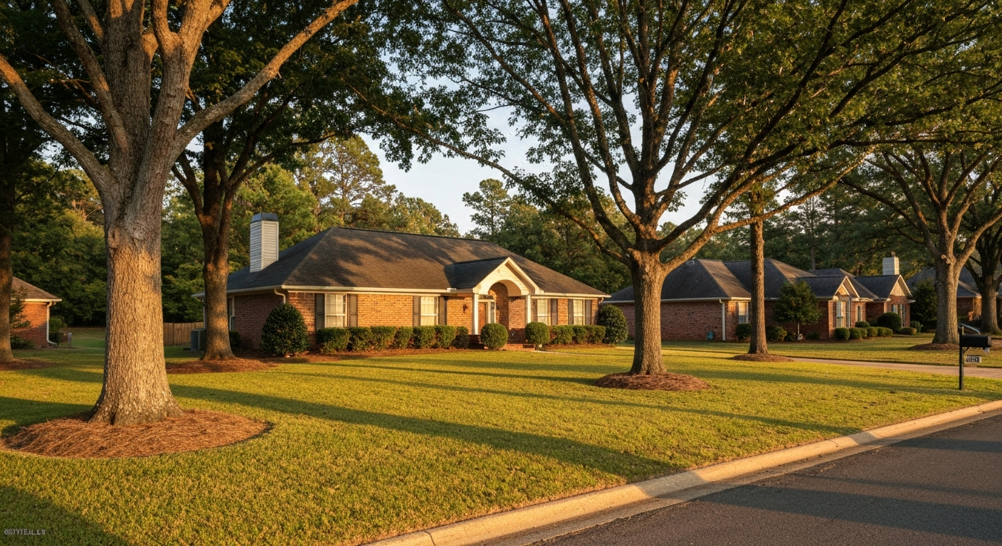 Established brick ranch home on a tree-lined Evans Georgia street in warm summer afternoon light with manicured lawn