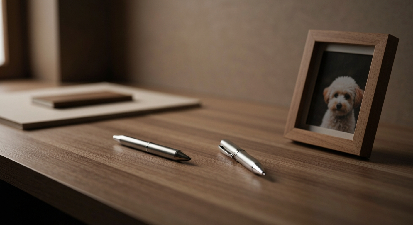 Pet policy document with a small leather dog collar and a brass key on a wooden desk