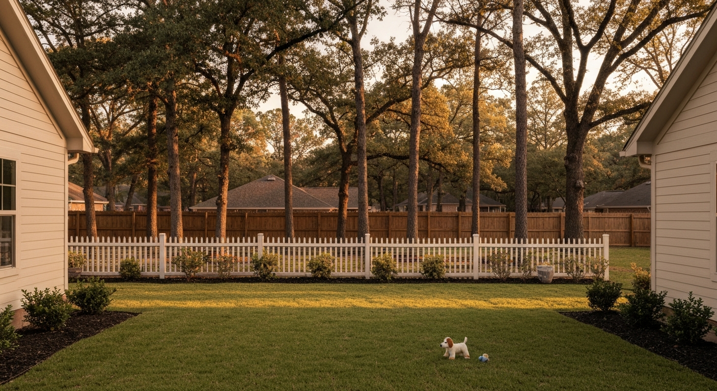 Clean rental backyard with a picket-style fence and a small dog toy on the lawn