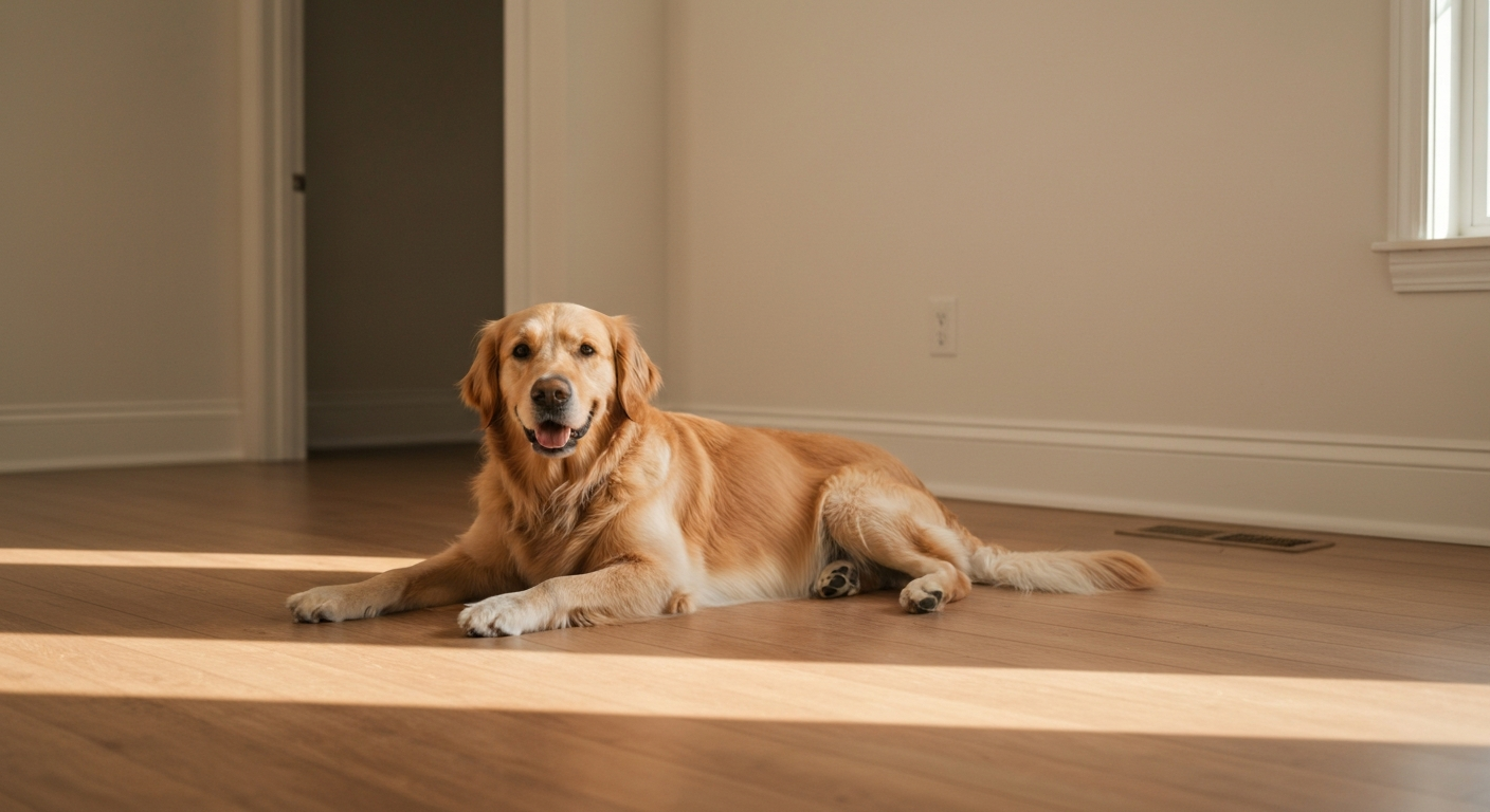 Friendly golden retriever lying on a sunlit hardwood floor in a clean rental home interior