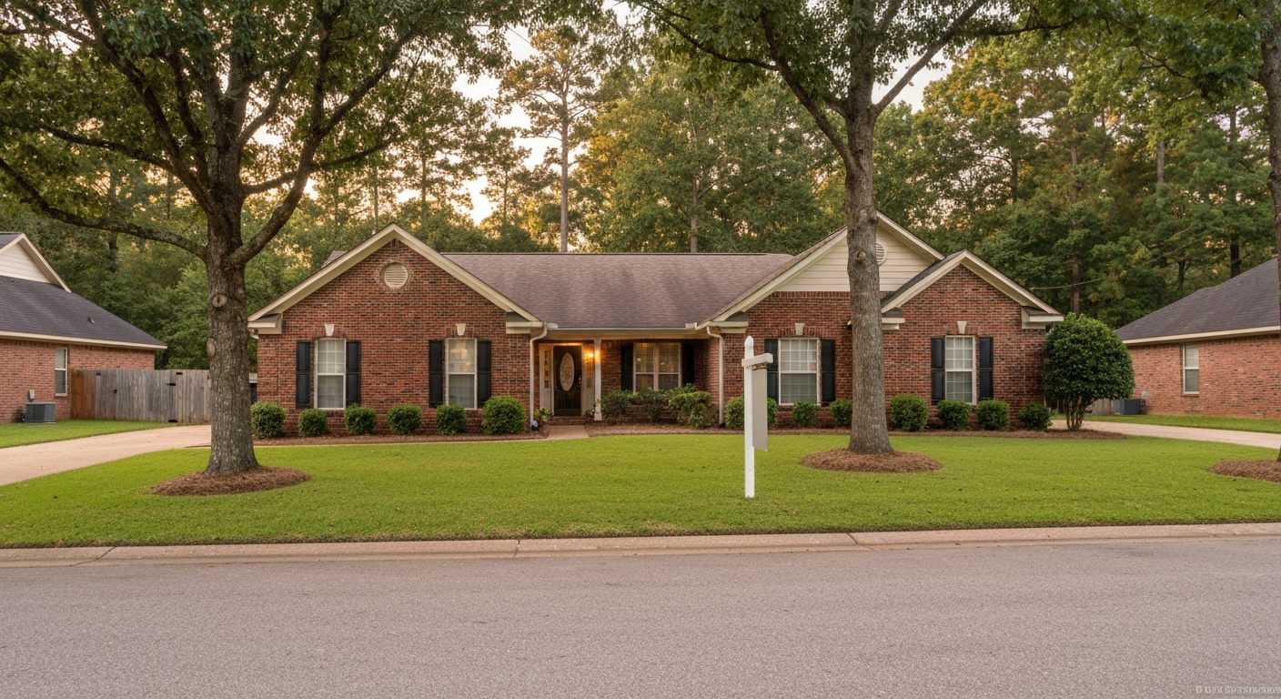 Well-maintained brick ranch home on a manicured residential street in Evans Georgia at golden hour