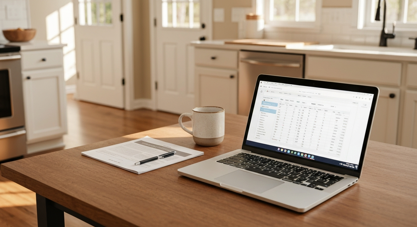 Open laptop displaying a financial dashboard on a kitchen table with a coffee mug and morning window light