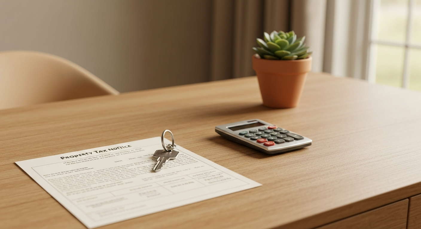 Property tax document and calculator beside a house key on a wooden home office desk in warm afternoon light