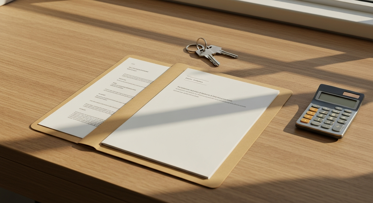 Estate documents, a property deed, house keys, and a calculator arranged on a clean wooden desk in warm natural light