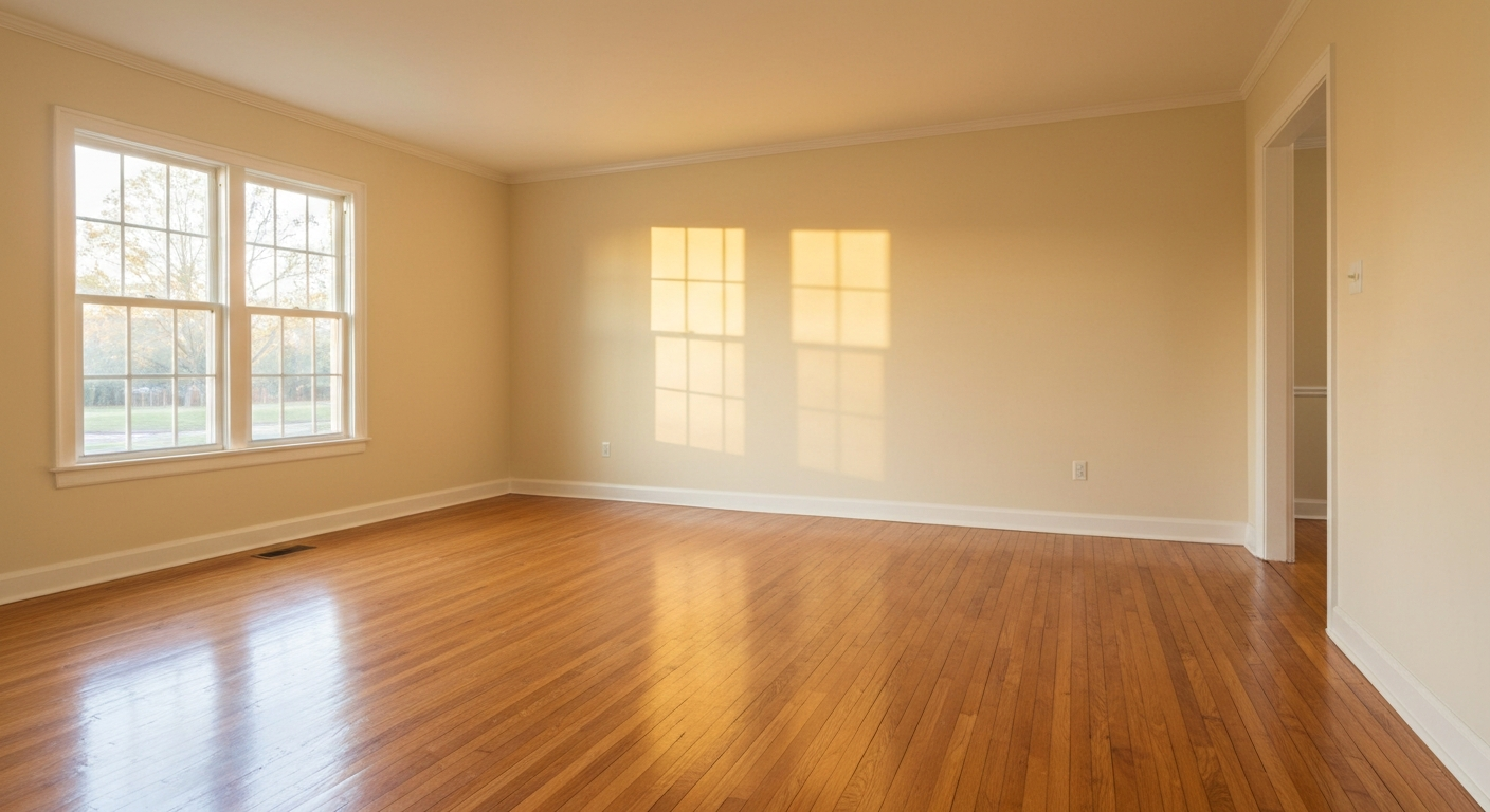 Empty freshly painted living room with refinished hardwood floors and natural light through large windows in a Georgia rental home