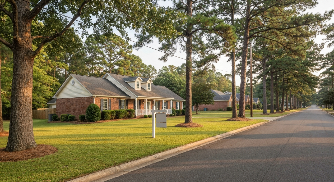 Brick ranch home on a tree-lined Evans, Georgia residential street in late-afternoon golden-hour light with a for-rent yard sign
