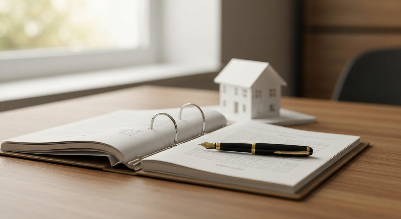 Open insurance policy binder on a wooden desk with a small house model and fountain pen in warm window light