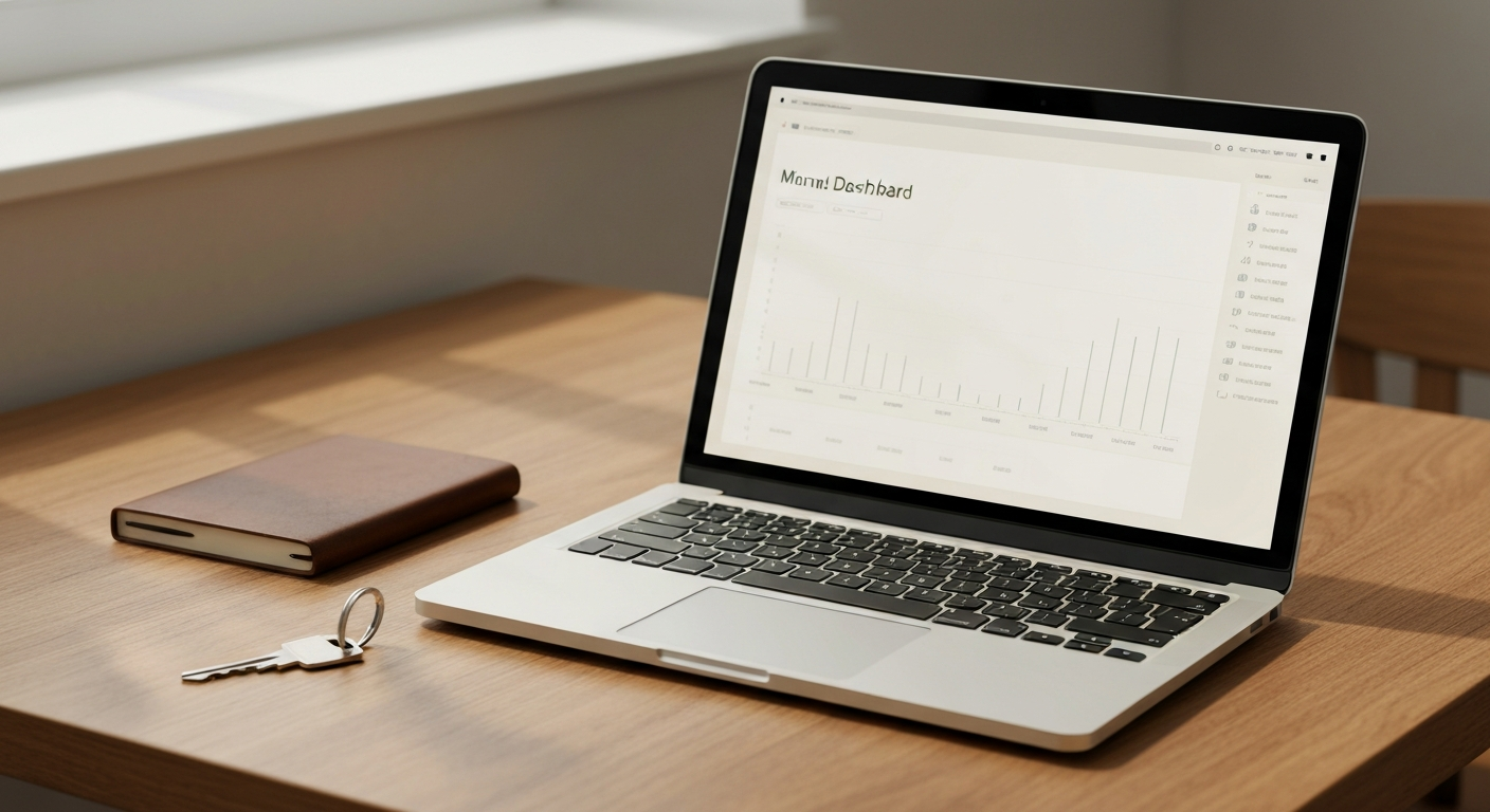 Laptop showing a property management dashboard on a wooden desk with a house key and financial ledger in warm light