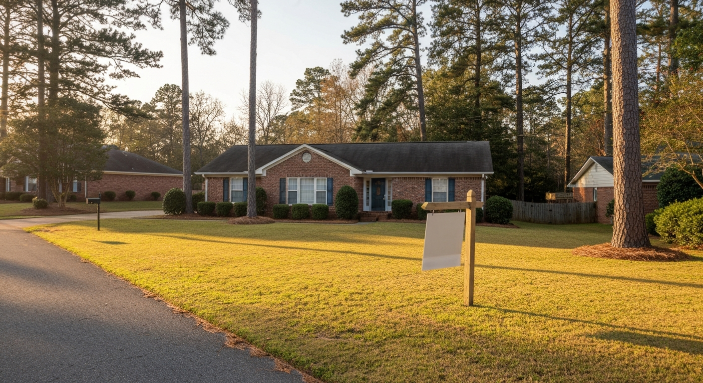 Brick ranch home on a quiet Evans Georgia residential street with a stylized For Rent sign and manicured lawn in warm late afternoon light