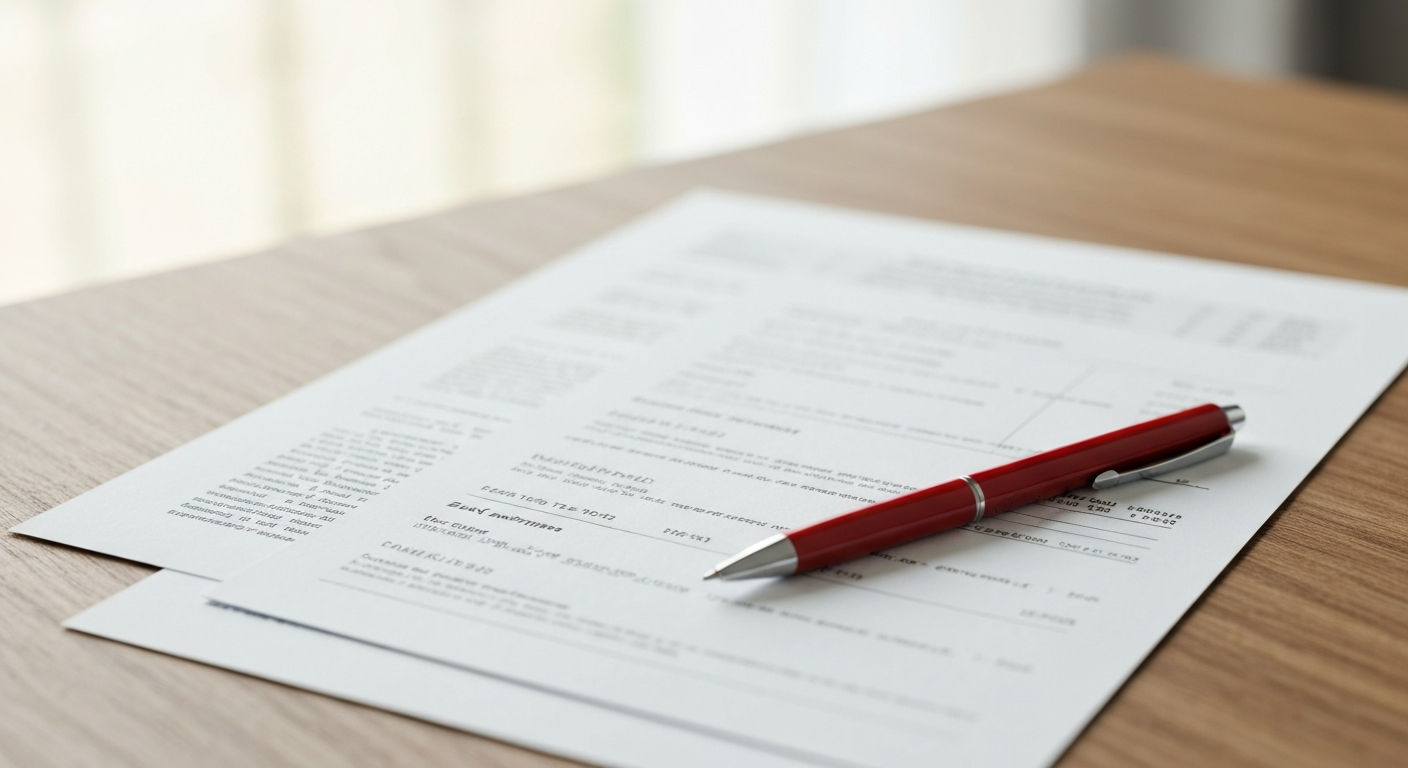 Printed financial documents and a red pen on a clean wooden desk in warm natural window light
