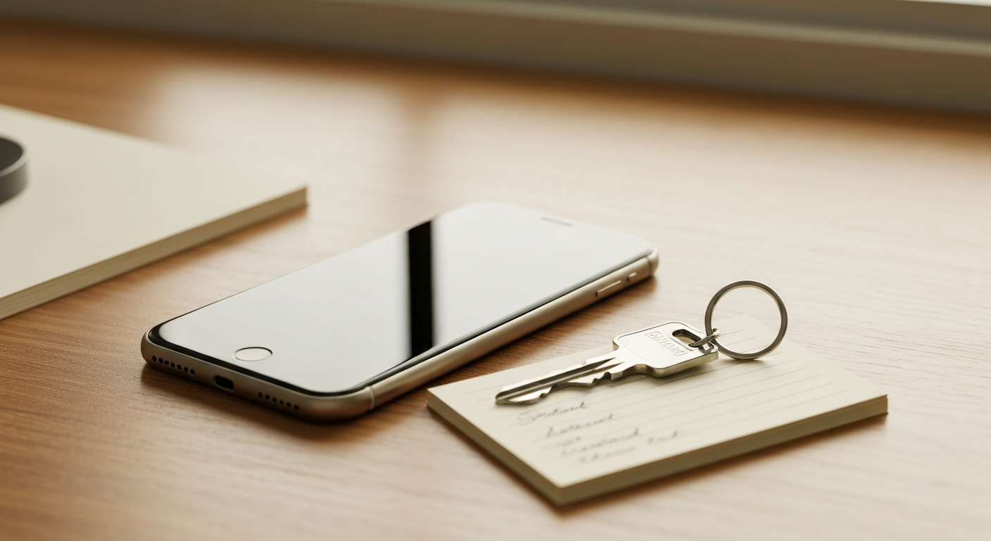Smartphone and notepad beside a house key on a wooden desk in warm morning window light