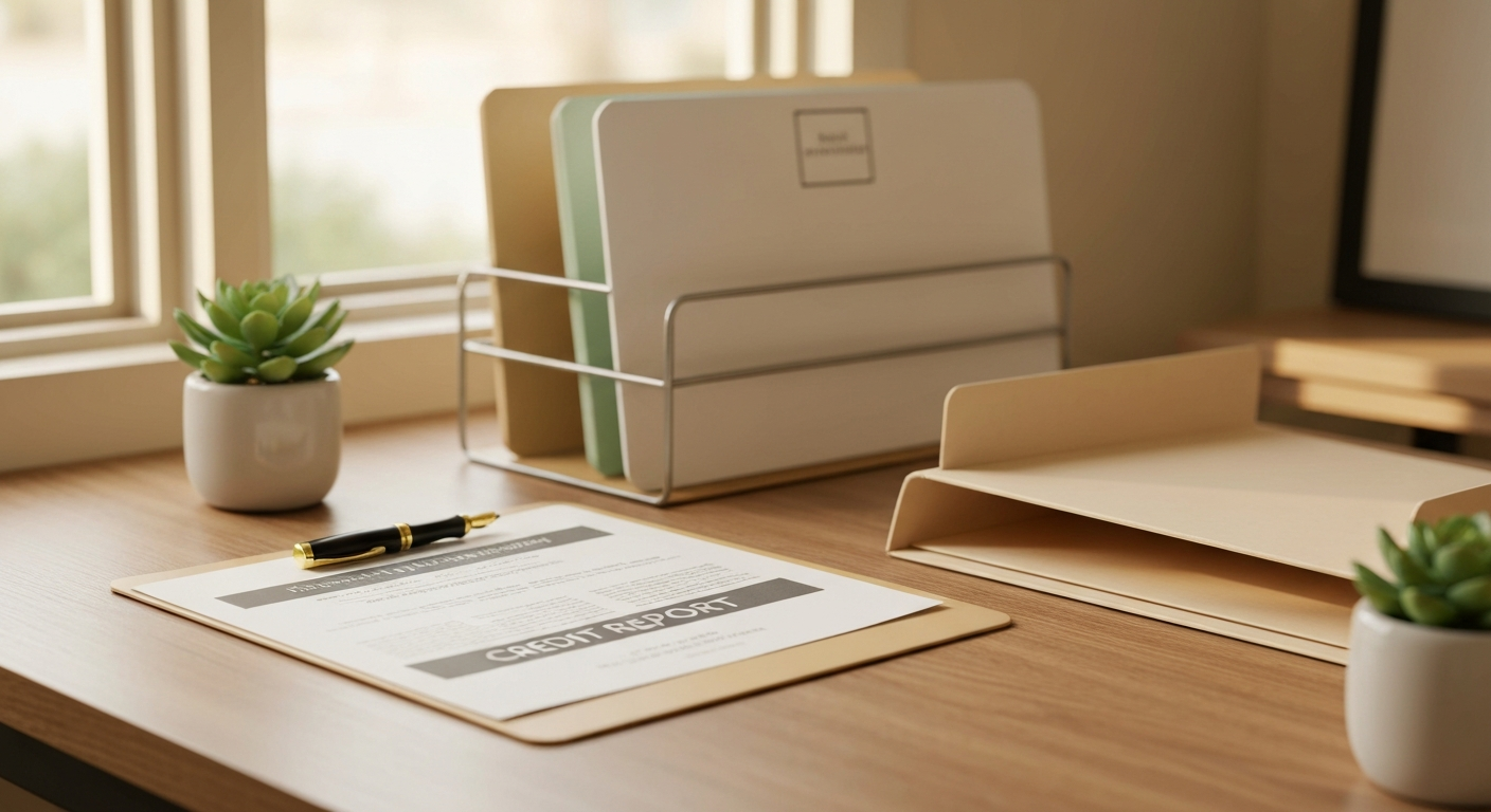 Property manager's organized desk with rental application folders and a credit report in warm late-afternoon light in Evans Georgia