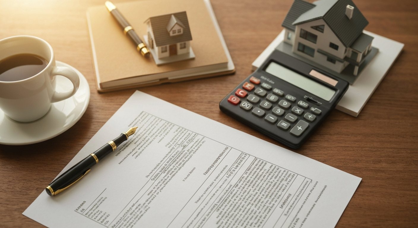 Tax-form-style document with a calculator a pen and a small model home on a wooden desk