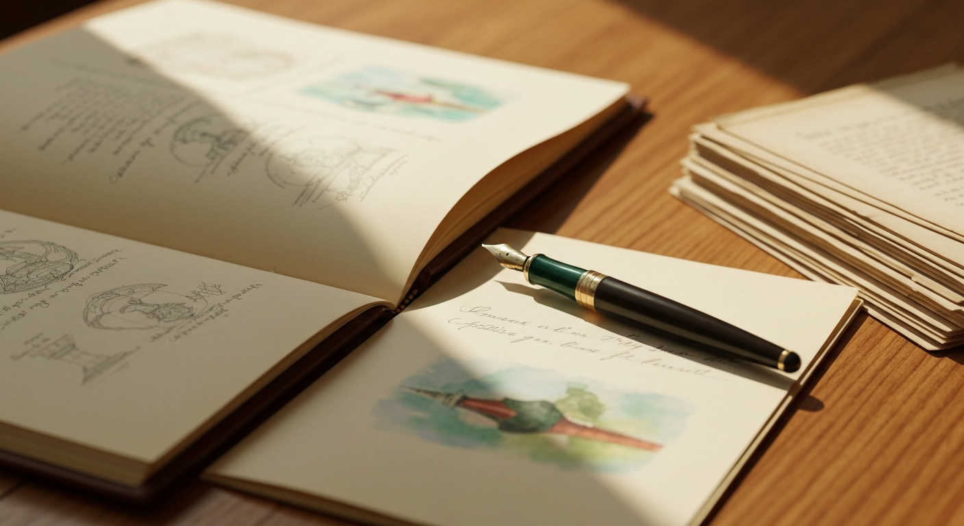 Open leather-bound ledger with a fountain pen in warm window light