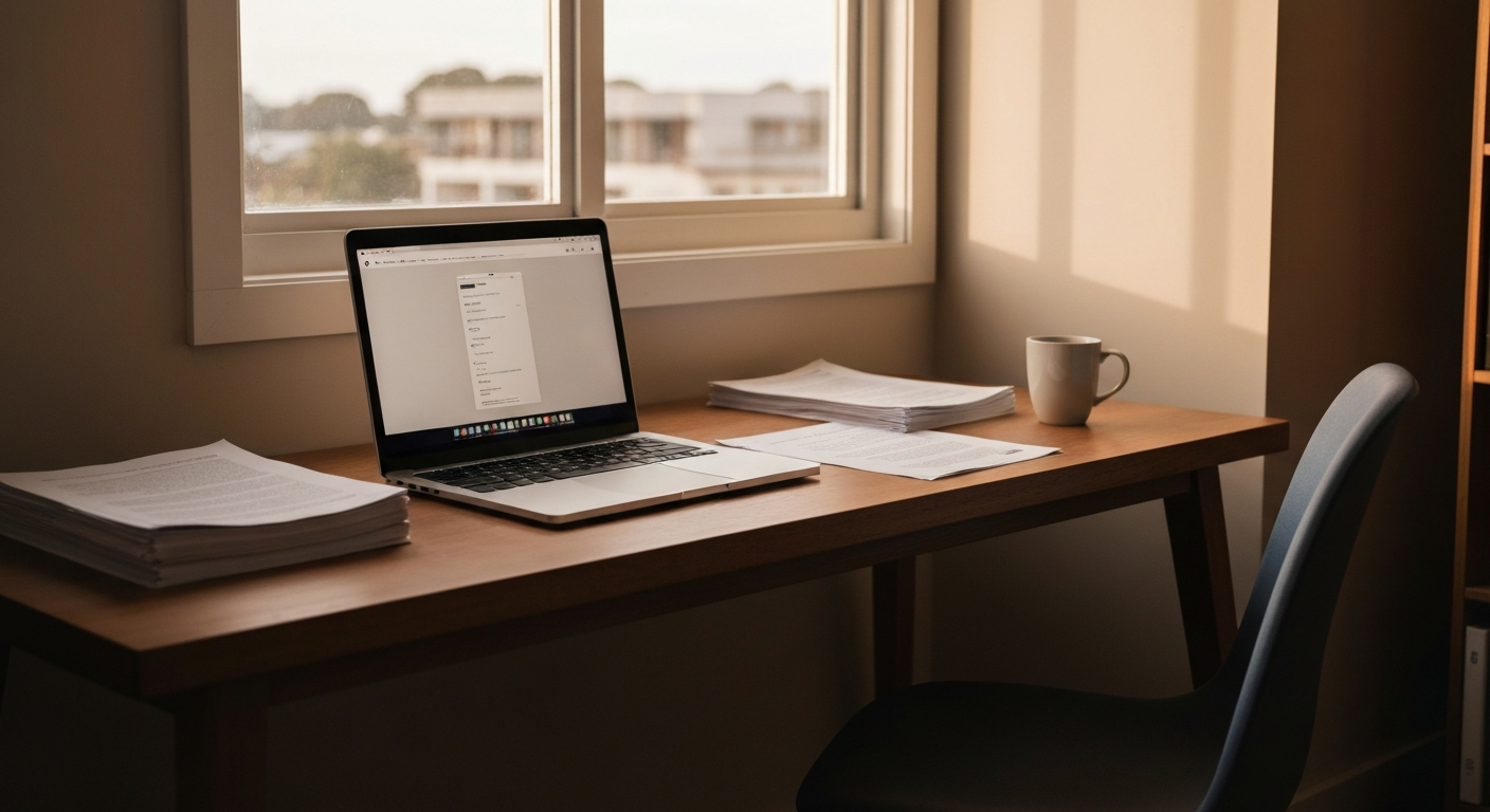 Clean home office with a laptop printed papers and a coffee mug in warm afternoon light