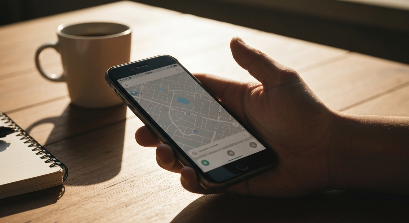 Hand holding a phone showing a map-style interface above a sunlit table with a coffee mug