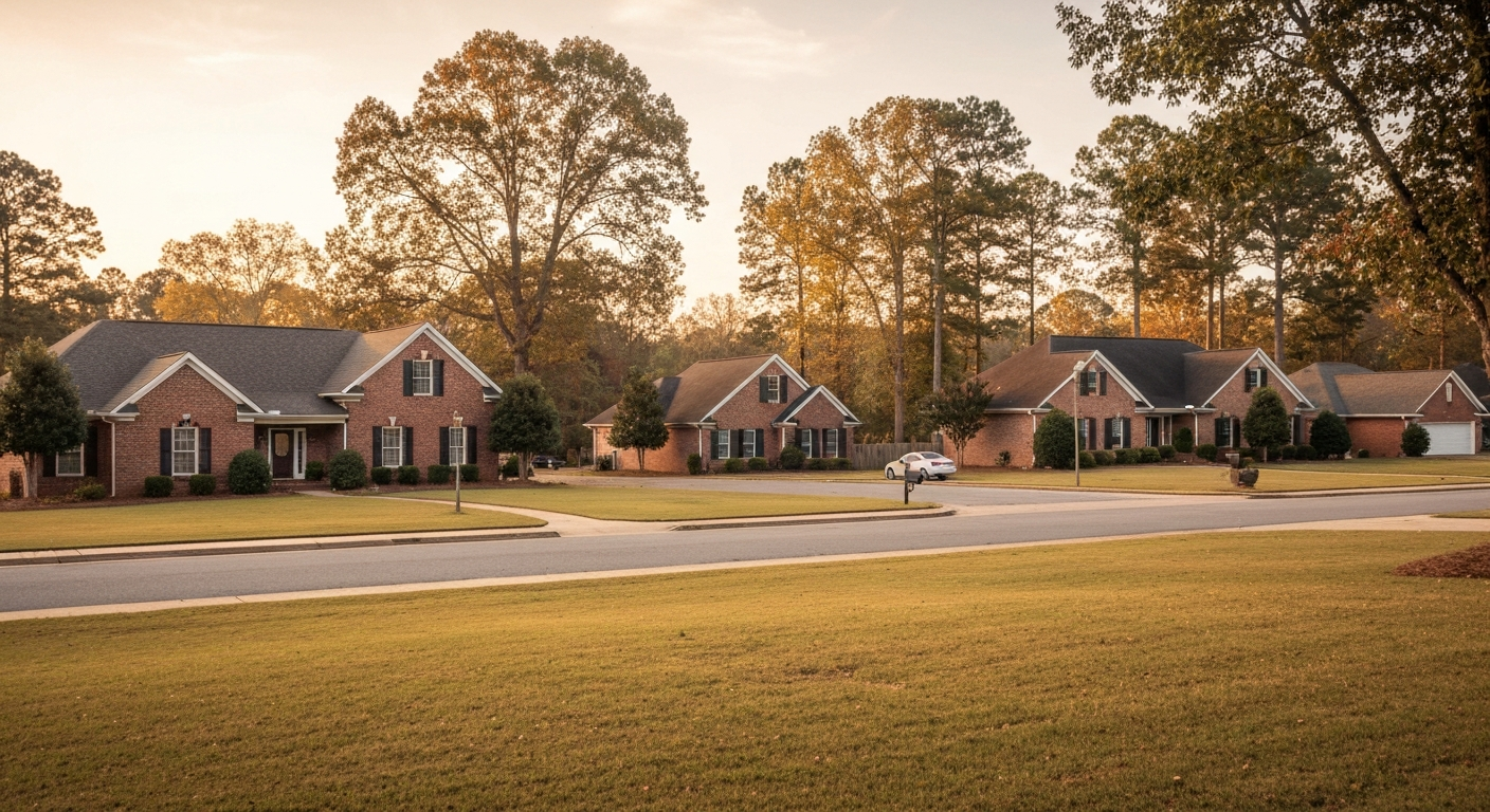 Augusta Georgia residential street with a mix of brick ranch and two-story homes at golden hour