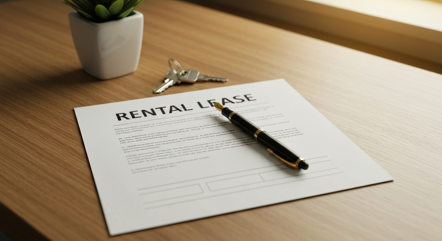 Rental lease document with fountain pen and house keys on a wooden desk in warm natural window light