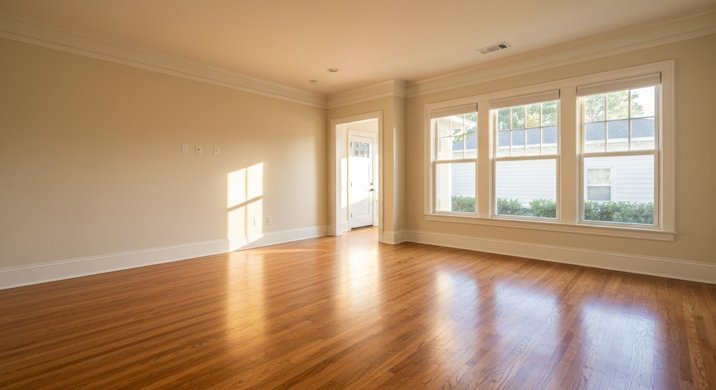 Bright craftsman-style rental home interior with hardwood floors and warm afternoon sunlight streaming through large windows