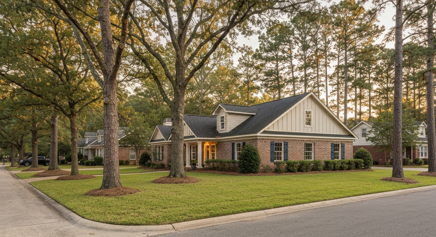 Tree-lined residential street in North Augusta South Carolina with craftsman bungalow homes in warm late-afternoon golden hour light