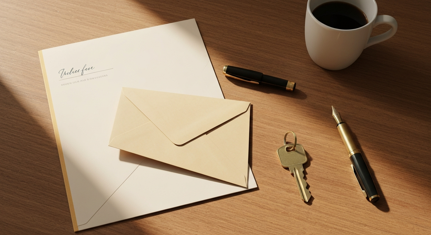 Folder and sealed envelope on a wooden desk with a brass key and fountain pen