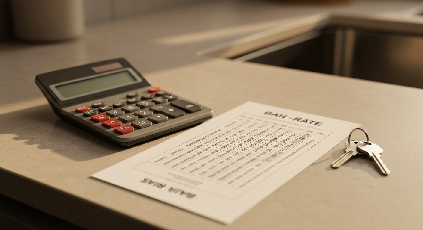 Calculator a BAH-chart-style printout and a small key set on a clean kitchen counter