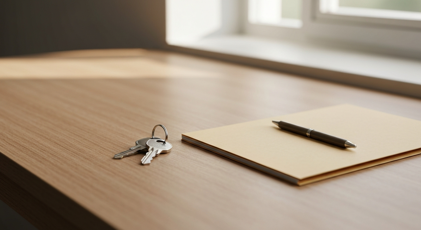 Wooden desk with manila folder and house keys in warm afternoon window light