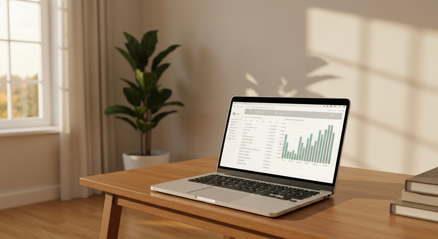 Laptop showing clean financial dashboard on wooden desk in warm home office light