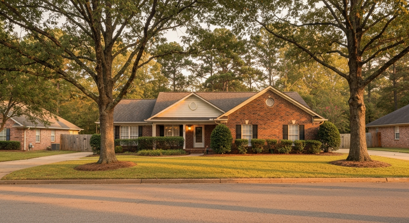 Brick ranch home on a tree-lined Evans Georgia residential street in late-afternoon golden hour light