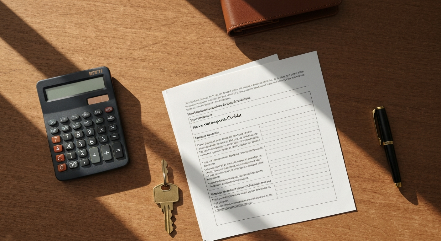 Calculator and move-out inspection checklist on a wooden desk with a ledger and house key