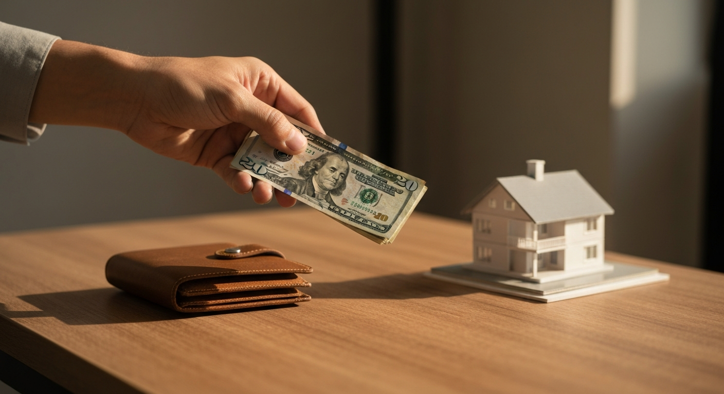 A hand returning a stack of bills above a desk with a wallet and a small model home
