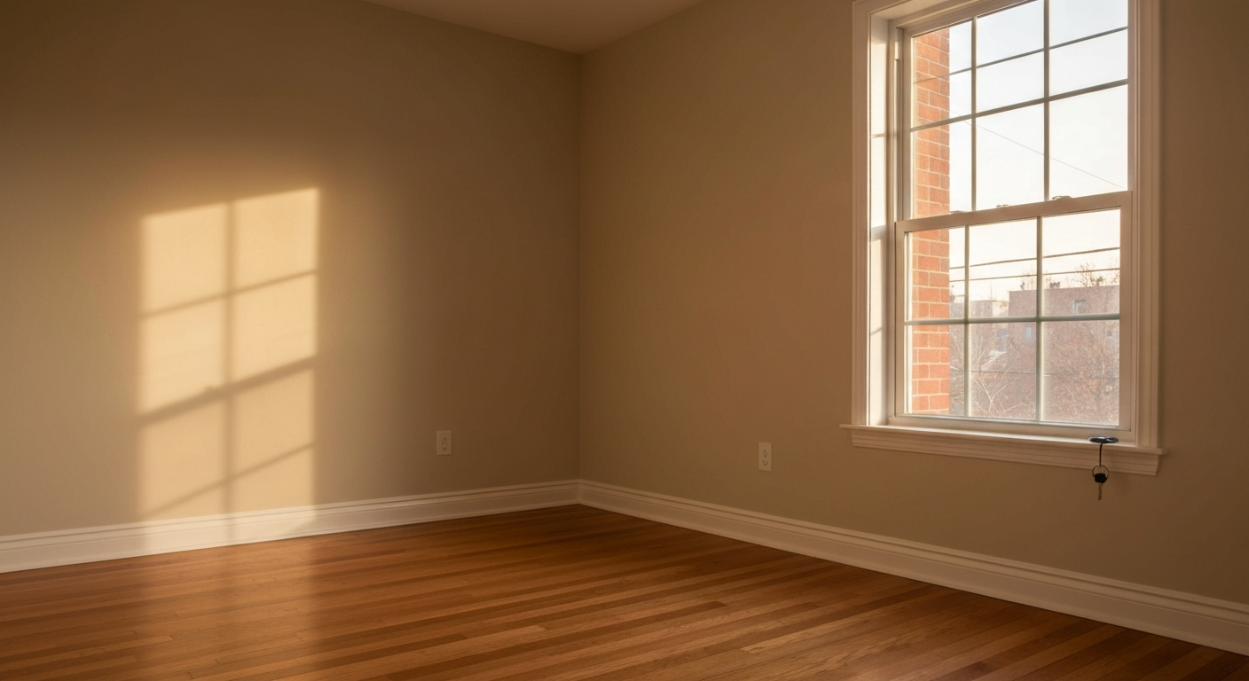 Empty freshly-painted rental living room with hardwood floors and warm afternoon light
