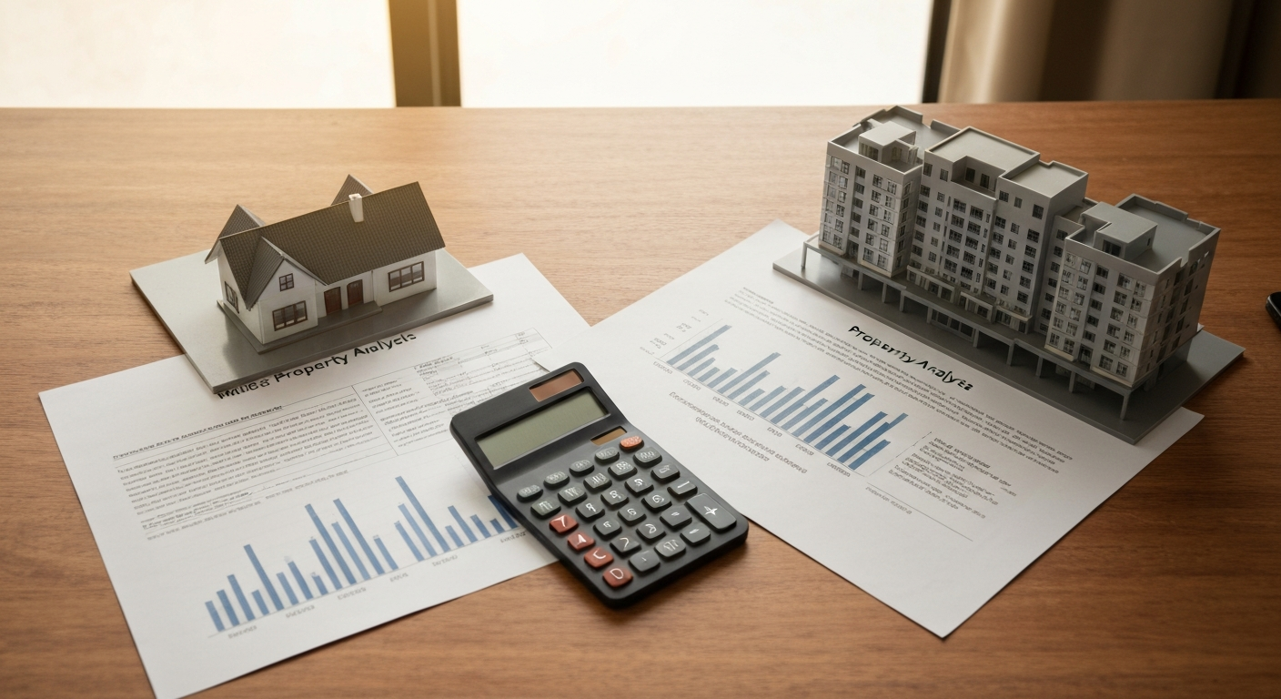 Two side-by-side property analyses with a single-family and a multifamily model home