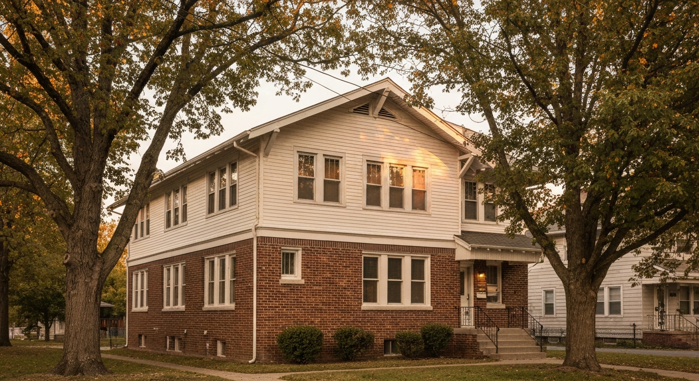 Exterior of a small Craftsman three-unit apartment building with brick front in warm light