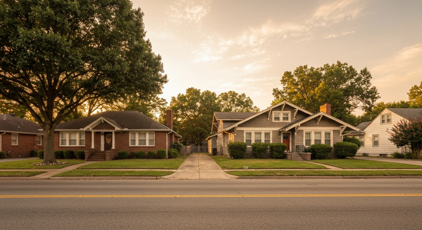 Single-family brick ranch beside a small three-unit Craftsman apartment building at golden hour