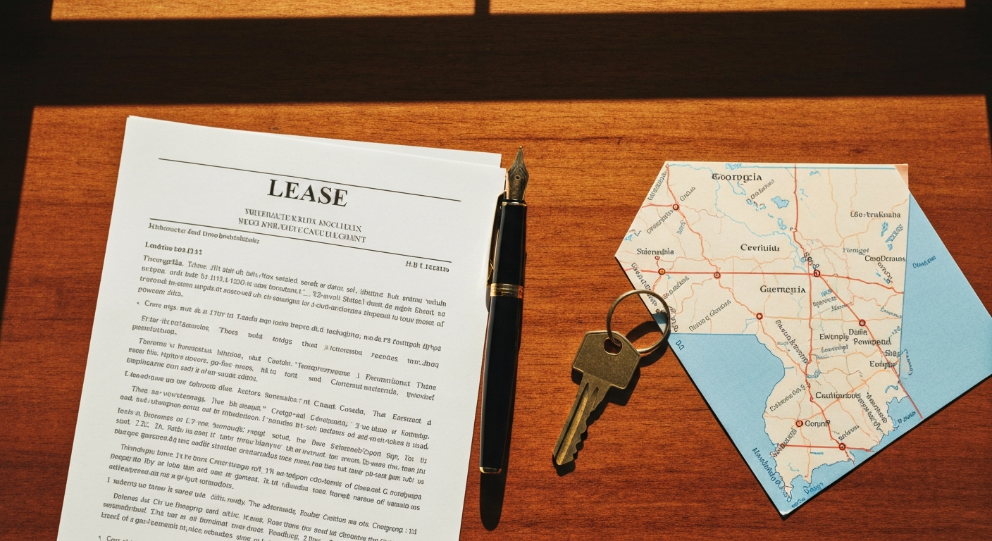Lease-style document with a dual-state Georgia South Carolina map and a brass key on a desk